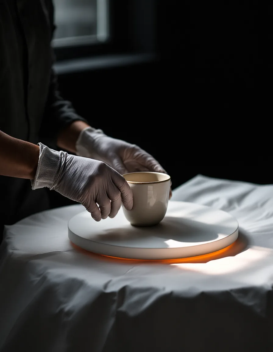 Gloved hands setting a stoneware cup onto a white turntable in soft window light