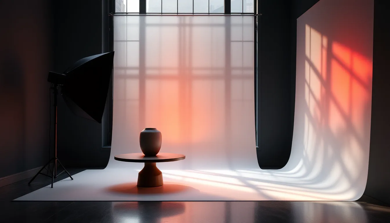 The Cobbler's Lane studio: a white paper sweep and turntable lit by morning light from a tall east-facing window